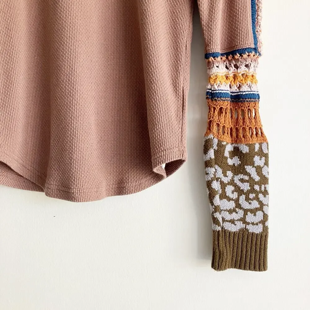 Free People Medium Crochet Sleeves Thermal Brown Boho Bohemian Fall Autumn - Picture 2 of 6